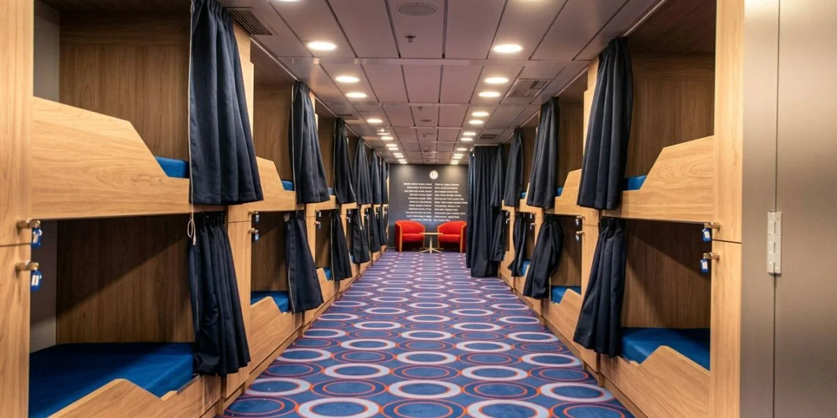 Sleep Lounge with private bunk beds aboard the Buenavista Express