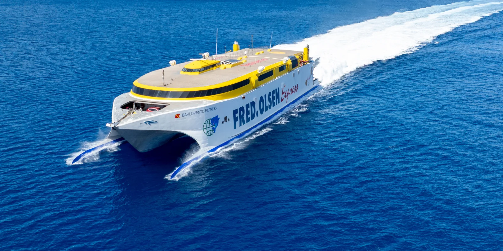 Aerial view of the Barlovento Express fast ferry sailing