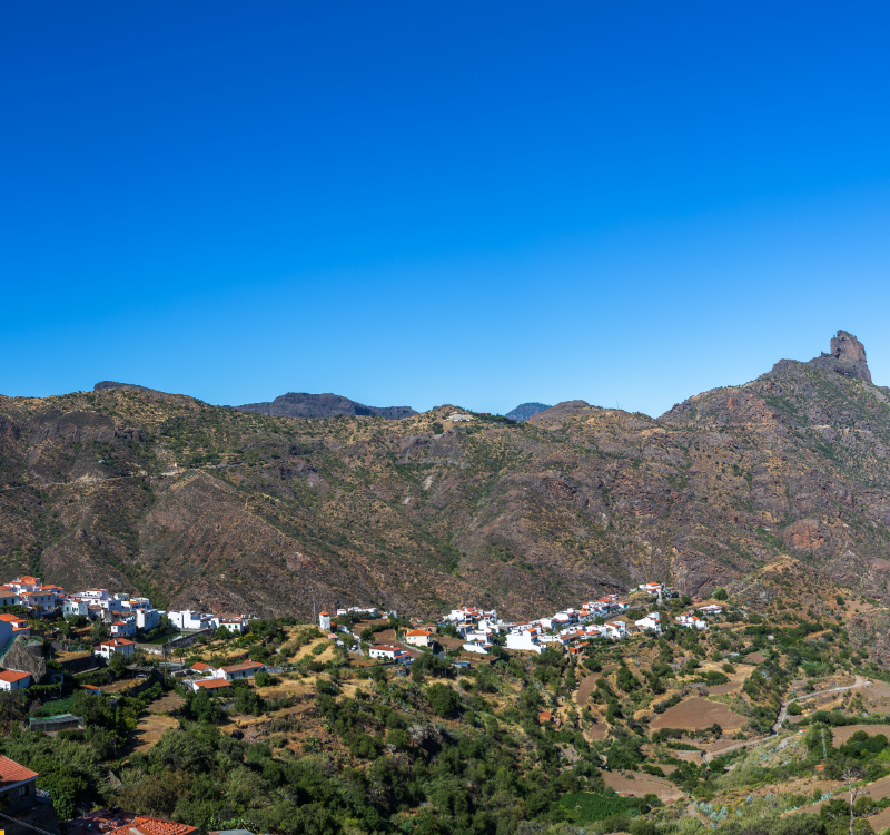 Vista panorámica del pueblo de Tejeda rodeado de montañas, riscos volcánicos y barrancos, con casas tradicionales y senderos visibles.