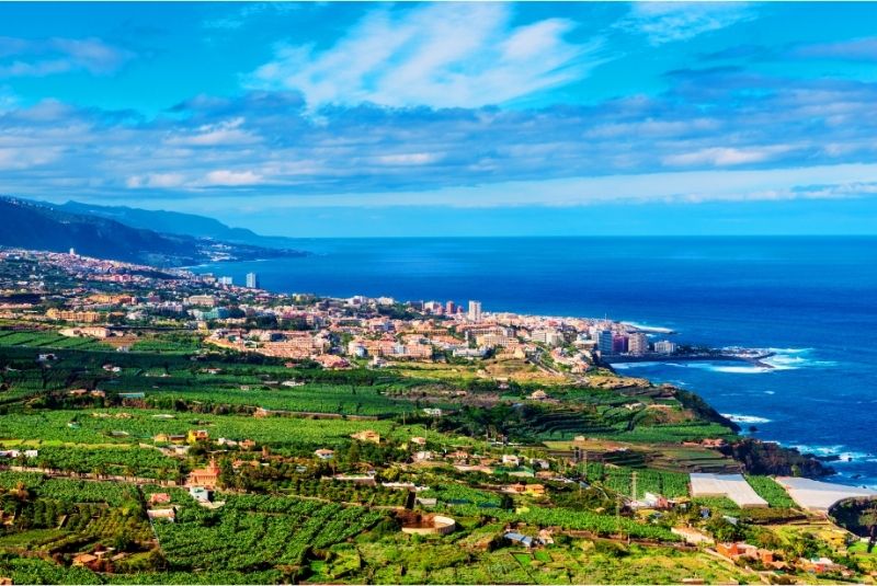 Vista aérea del valle de La Orotava con plantaciones de plataneras y el Puerto de La Cruz en la costa